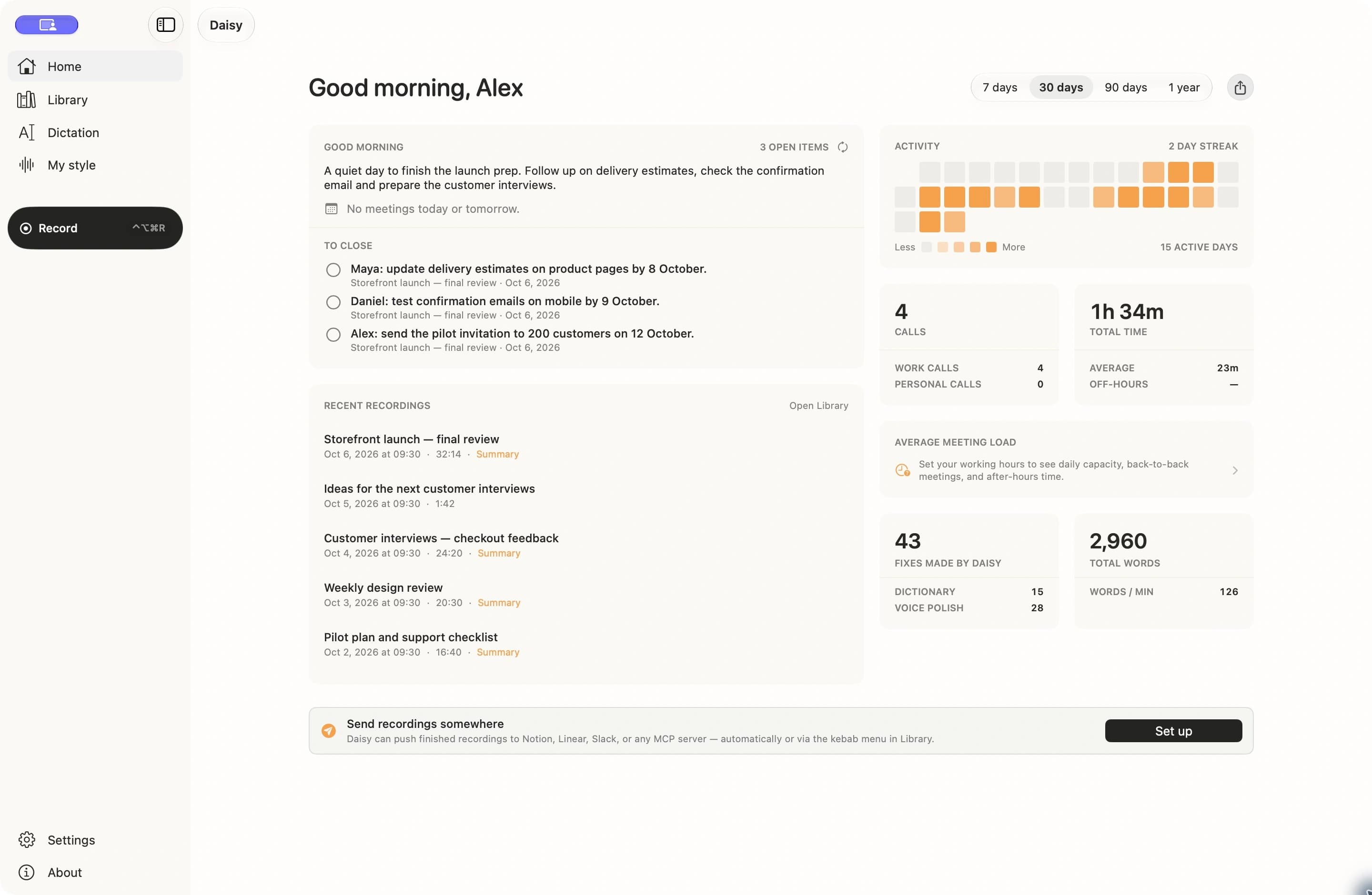 Daisy for Mac: the Home dashboard with a daily brief, open tasks, recent recordings and activity statistics